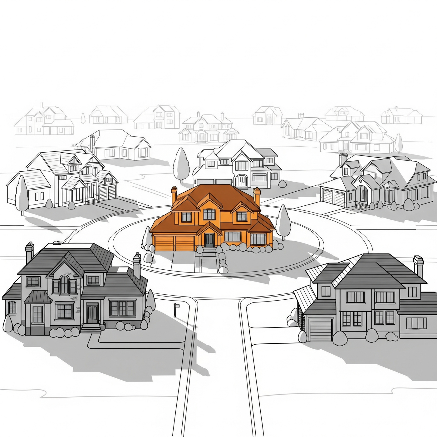 Orange rowhouse among grayscale neighbors with Bitcoin symbol