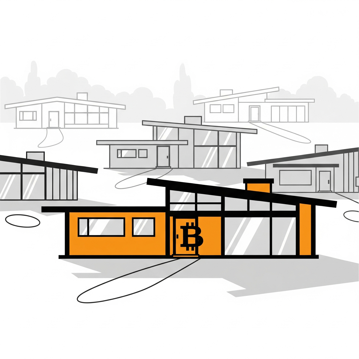 Orange trailer among grayscale